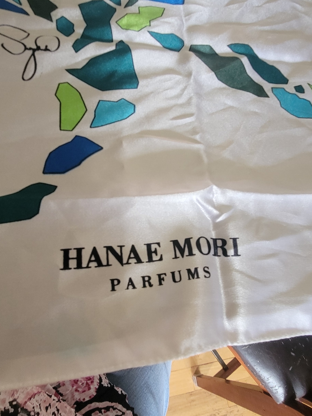 HANAE MORI Parfums Silk Scarf - White with Blue & Green Abstract Print